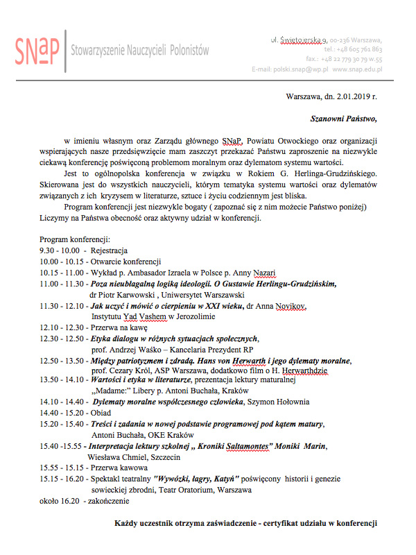 Program Konferencji Nauczycieli Polonistów i Bibliotekarzy 2019 Program Konferencji Nauczycieli Polonistów i Bibliotekarzy 2019
